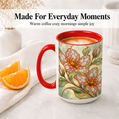 #pl[15oz|Red] Jewel Style Floral Ceramic Mug, Mug with Pink Blossom Branch Artwork