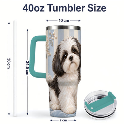 #pl[40oz|Green] Black White Shih Tzu 40oz Tumbler, Blue Floral Stripe Design