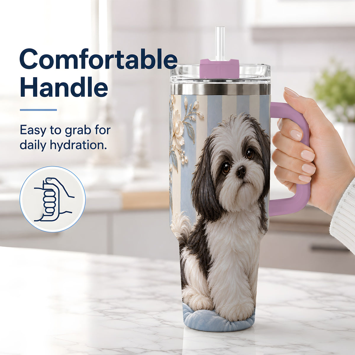 #pl[40oz|Pink] Black White Shih Tzu 40oz Tumbler, Blue Floral Stripe Design