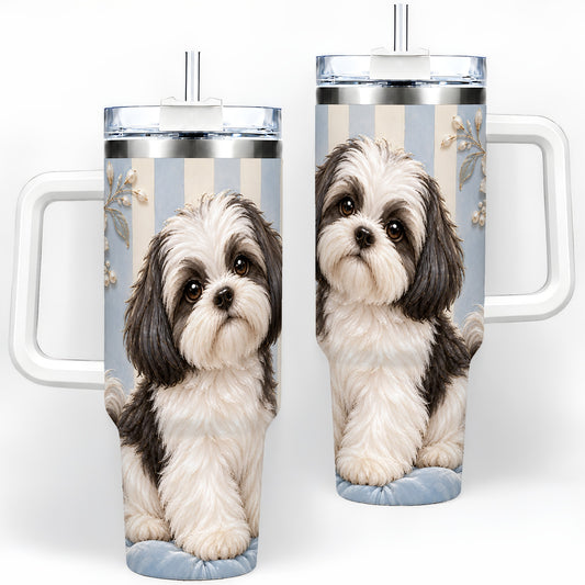 Black White Shih Tzu 40oz Tumbler, Blue Floral Stripe Design