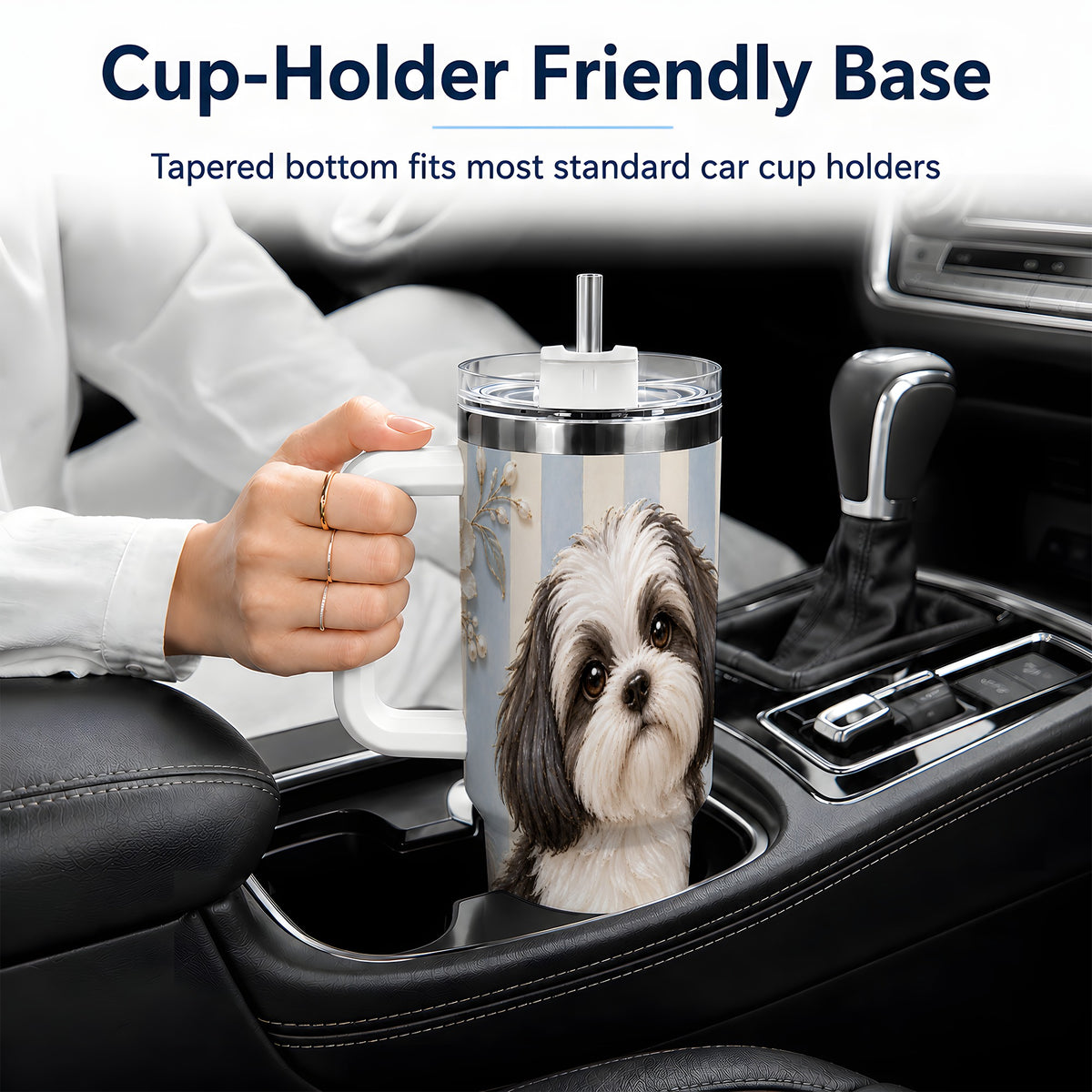 Black White Shih Tzu 40oz Tumbler, Blue Floral Stripe Design