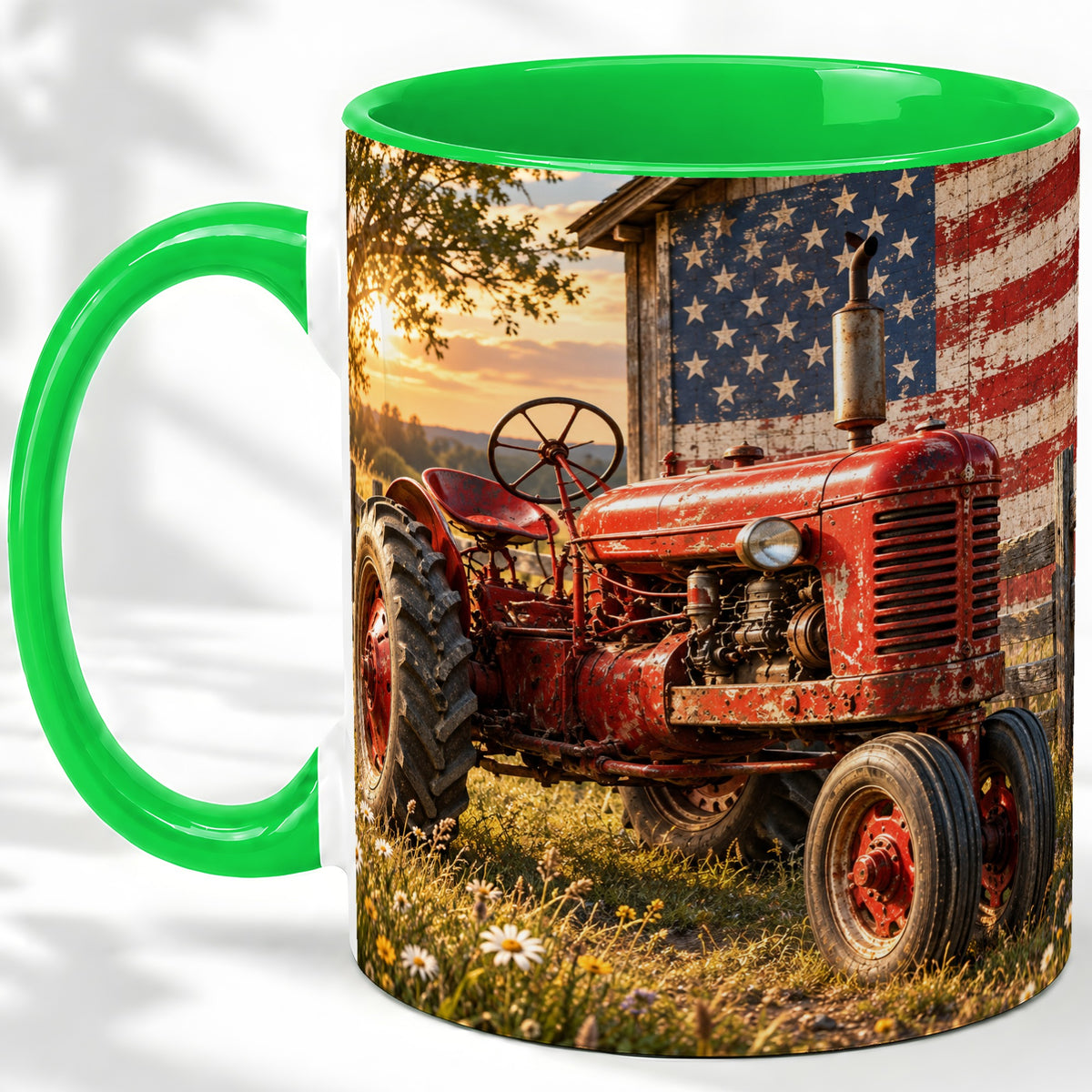 #pl[11oz|Green] Rustic Tractor Ceramic Mug, Mug with American Flag Farm Artwork