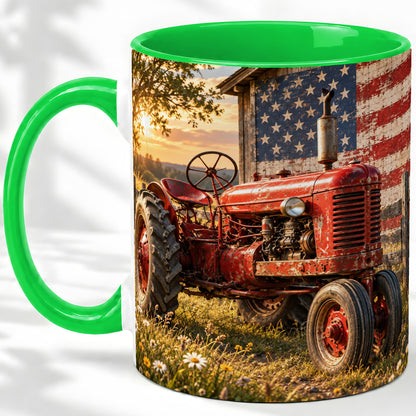 #pl[11oz|Green] Rustic Tractor Ceramic Mug, Mug with American Flag Farm Artwork