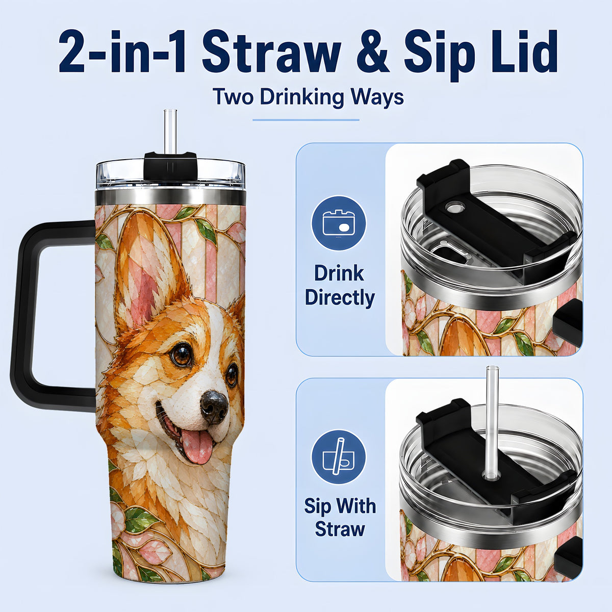 #pl[40oz|Black] Floral Corgi 40oz Tumbler, Stained Glass Style Dog Drinkware