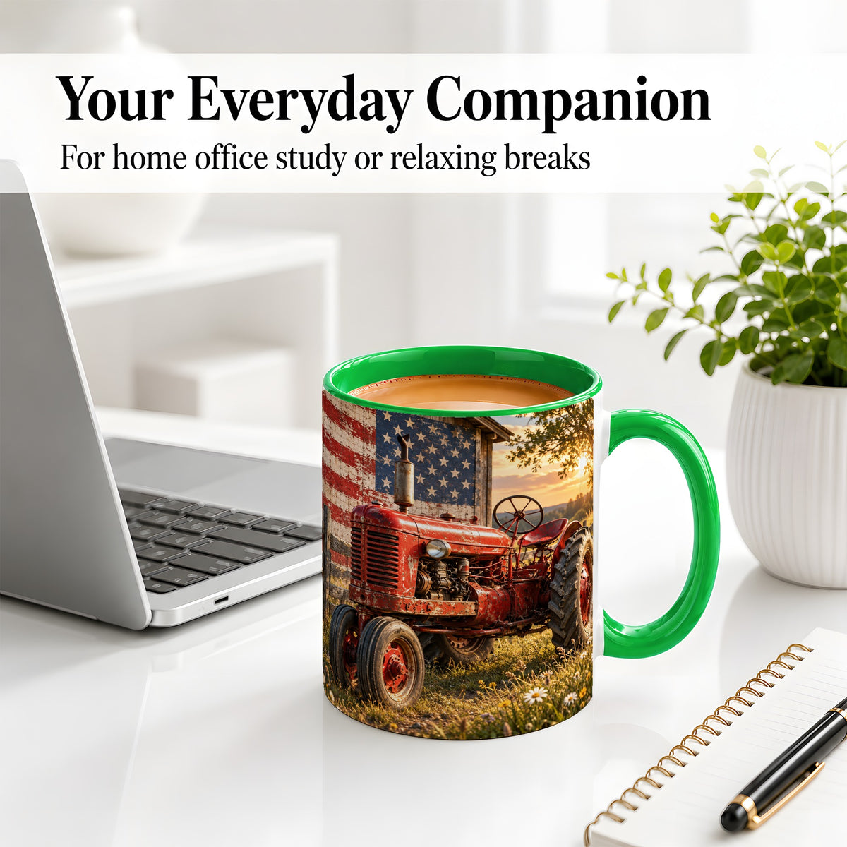 #pl[11oz|Green] Rustic Tractor Ceramic Mug, Mug with American Flag Farm Artwork