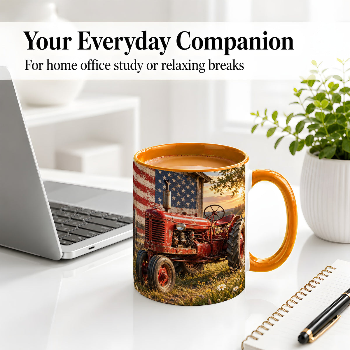 #pl[11oz|Orange] Rustic Tractor Ceramic Mug, Mug with American Flag Farm Artwork