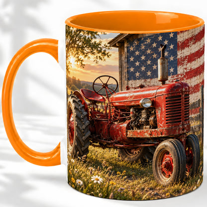 #pl[11oz|Orange] Rustic Tractor Ceramic Mug, Mug with American Flag Farm Artwork