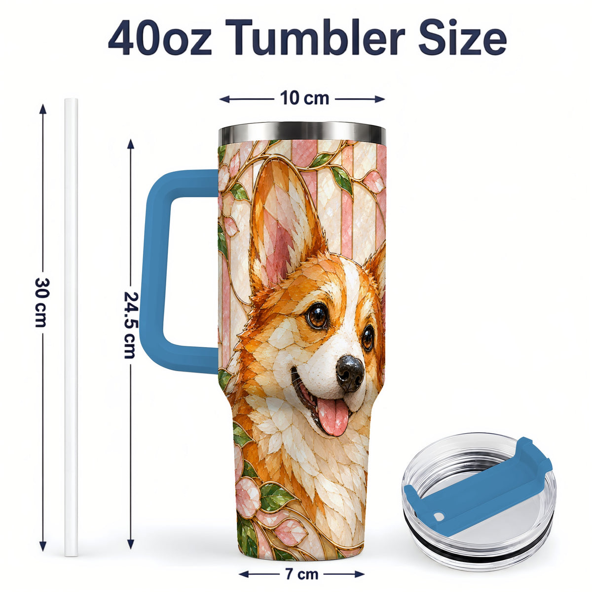 #pl[40oz|Blue] Floral Corgi 40oz Tumbler, Stained Glass Style Dog Drinkware