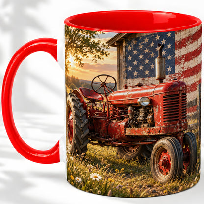 Rustic Tractor Ceramic Mug, Mug with American Flag Farm Artwork