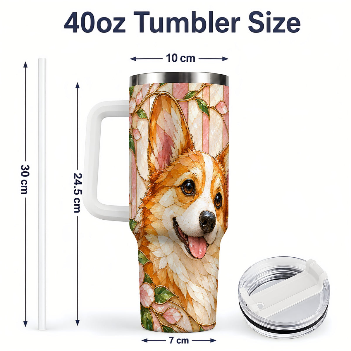 #pl[40oz|White] Floral Corgi 40oz Tumbler, Stained Glass Style Dog Drinkware