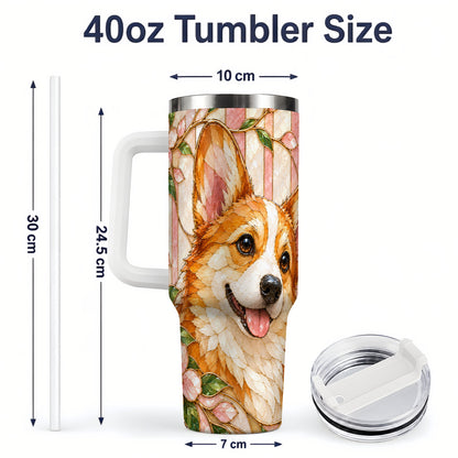 #pl[40oz|White] Floral Corgi 40oz Tumbler, Stained Glass Style Dog Drinkware