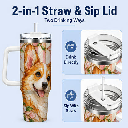 #pl[40oz|White] Floral Corgi 40oz Tumbler, Stained Glass Style Dog Drinkware