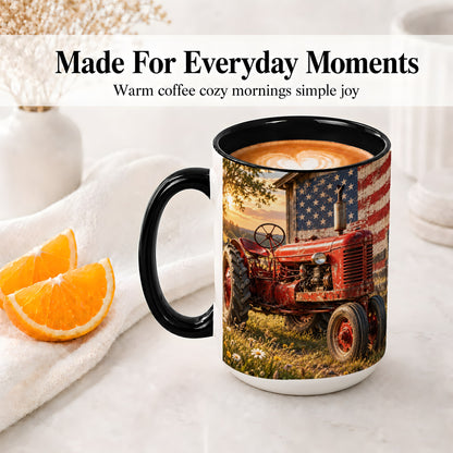 #pl[15oz|Black] Rustic Tractor Ceramic Mug, Mug with American Flag Farm Artwork