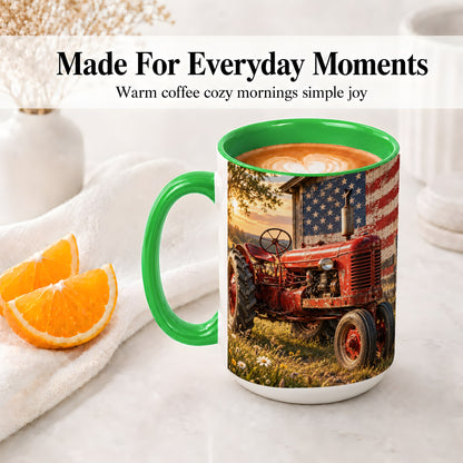 #pl[15oz|Green] Rustic Tractor Ceramic Mug, Mug with American Flag Farm Artwork