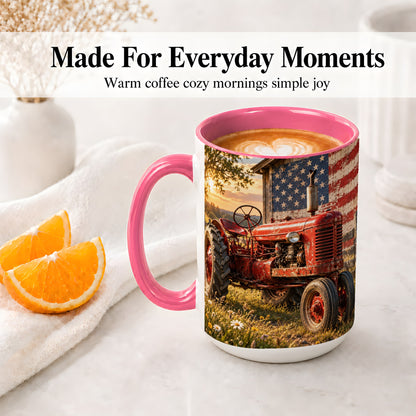 #pl[15oz|Pink] Rustic Tractor Ceramic Mug, Mug with American Flag Farm Artwork