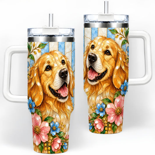 Floral Golden Retriever 40oz Tumbler, Stained Glass Style Dog Design