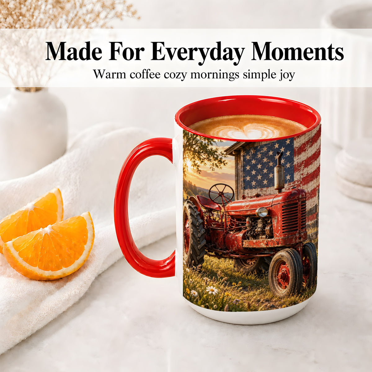 #pl[15oz|Red] Rustic Tractor Ceramic Mug, Mug with American Flag Farm Artwork