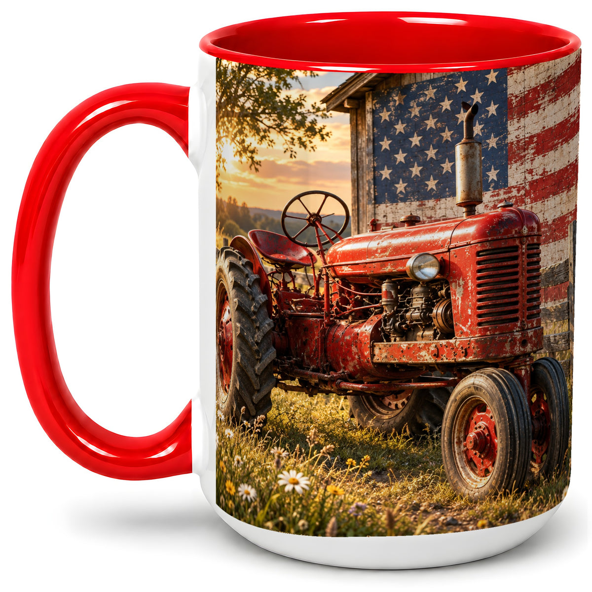 #pl[15oz|Red] Rustic Tractor Ceramic Mug, Mug with American Flag Farm Artwork