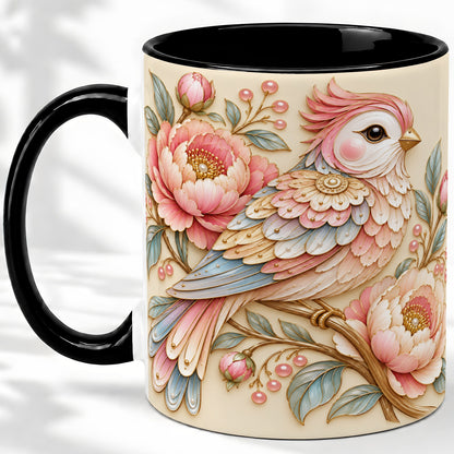 #pl[11oz|Black] Pastel Bird Ceramic Mug, Mug with Pink Peony Floral Branch Artwork