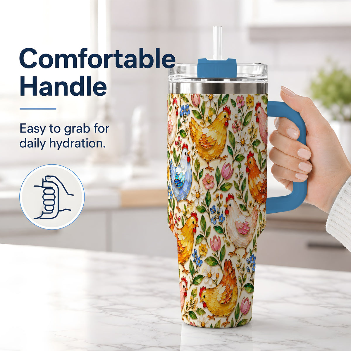 #pl[40oz|Blue] Floral Hen Pattern 40oz Tumbler, Colorful Farm Bird Artwork Design