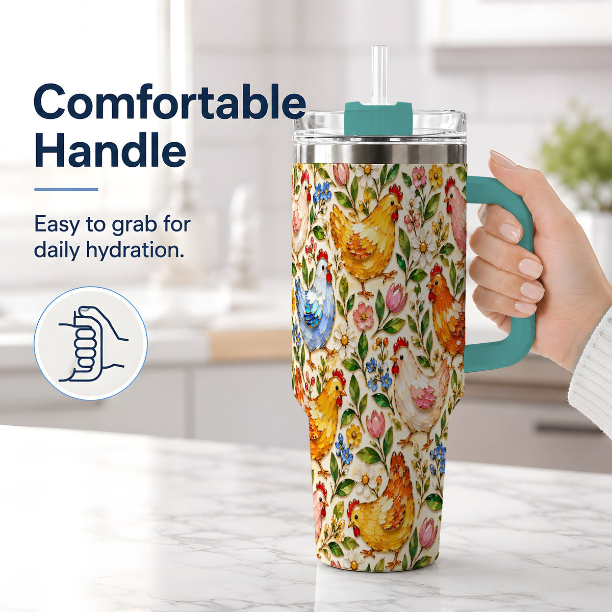 #pl[40oz|Green] Floral Hen Pattern 40oz Tumbler, Colorful Farm Bird Artwork Design