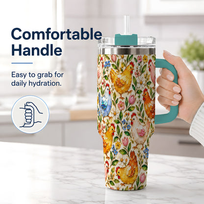 #pl[40oz|Green] Floral Hen Pattern 40oz Tumbler, Colorful Farm Bird Artwork Design