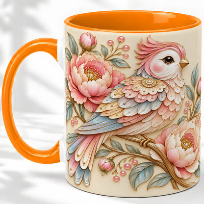 #pl[11oz|Orange] Pastel Bird Ceramic Mug, Mug with Pink Peony Floral Branch Artwork