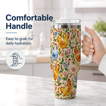 #pl[40oz|White] Floral Hen Pattern 40oz Tumbler, Colorful Farm Bird Artwork Design