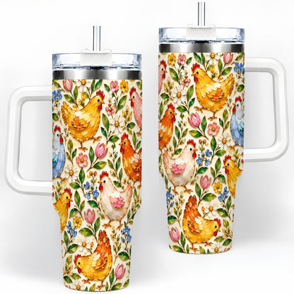 Floral Hen Pattern 40oz Tumbler, Colorful Farm Bird Artwork Design