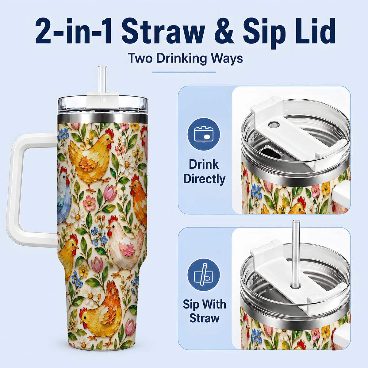 #pl[40oz|White] Floral Hen Pattern 40oz Tumbler, Colorful Farm Bird Artwork Design