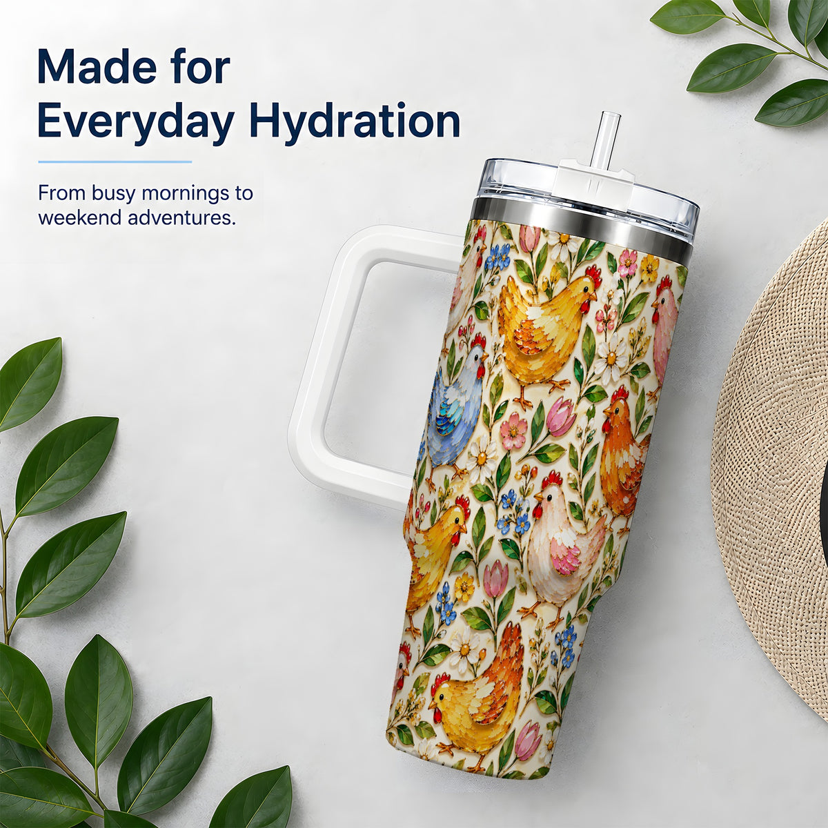 Floral Hen Pattern 40oz Tumbler, Colorful Farm Bird Artwork Design