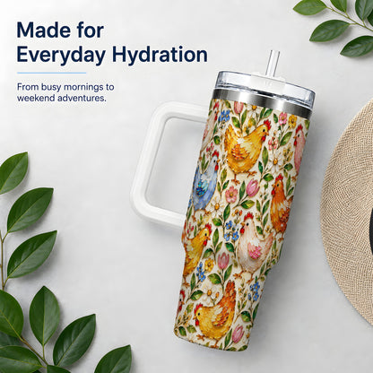 Floral Hen Pattern 40oz Tumbler, Colorful Farm Bird Artwork Design