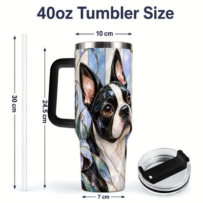#pl[40oz|Black] Floral Boston Terrier 40oz Tumbler, Stained Glass Style Dog Design
