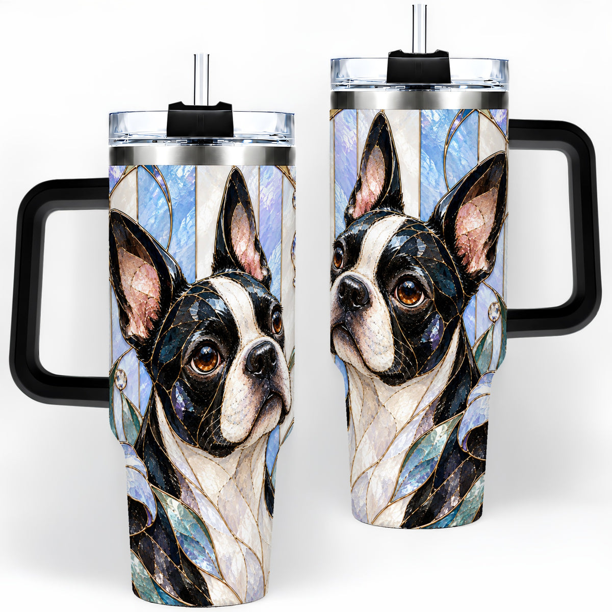 #pl[40oz|Black] Floral Boston Terrier 40oz Tumbler, Stained Glass Style Dog Design