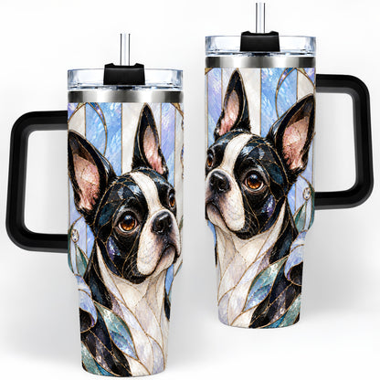 #pl[40oz|Black] Floral Boston Terrier 40oz Tumbler, Stained Glass Style Dog Design
