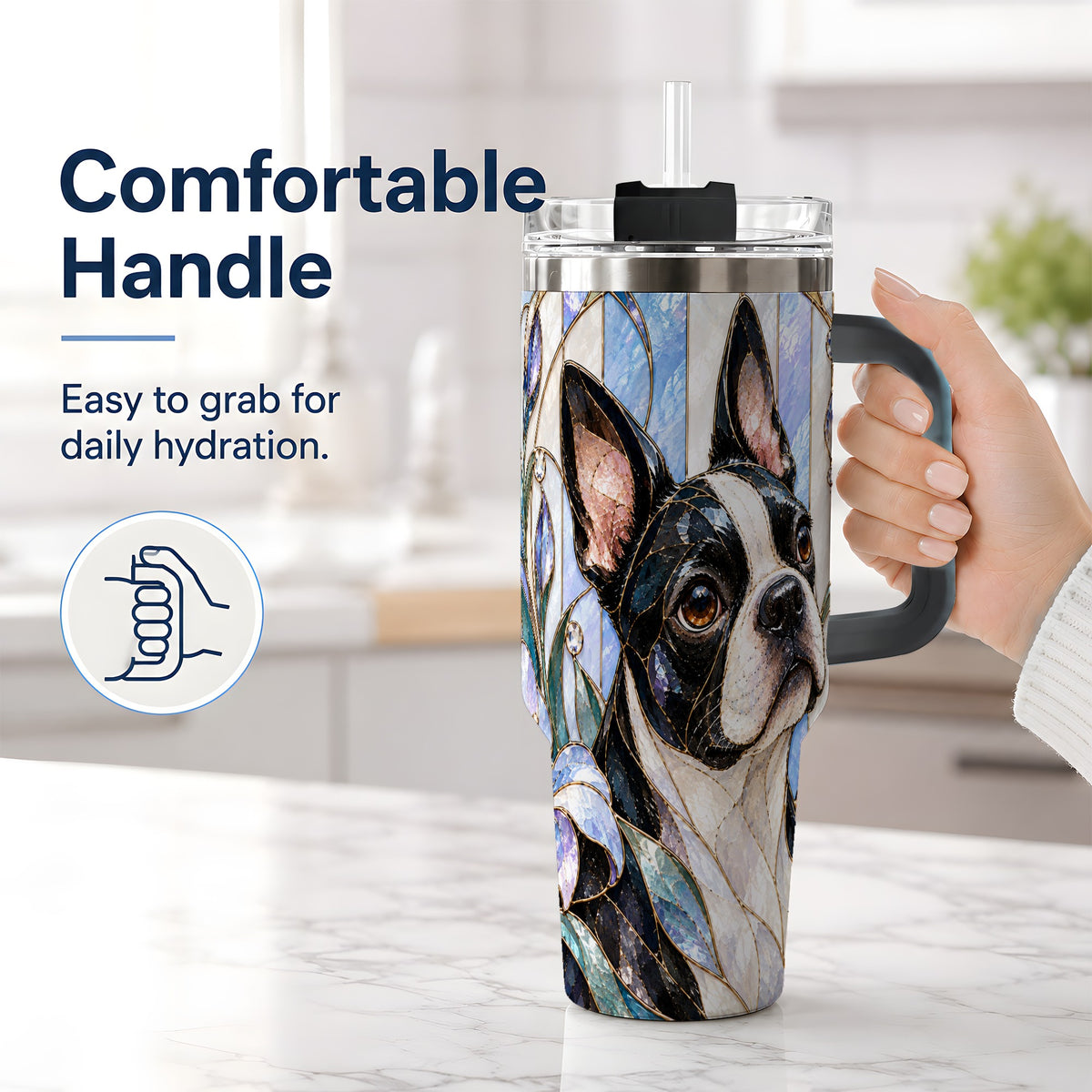 #pl[40oz|Black] Floral Boston Terrier 40oz Tumbler, Stained Glass Style Dog Design