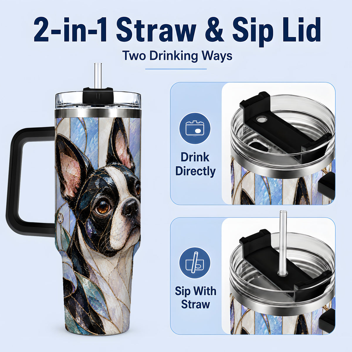 #pl[40oz|Black] Floral Boston Terrier 40oz Tumbler, Stained Glass Style Dog Design