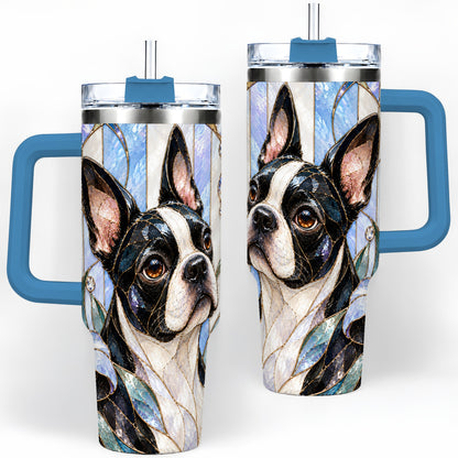 #pl[40oz|Blue] Floral Boston Terrier 40oz Tumbler, Stained Glass Style Dog Design