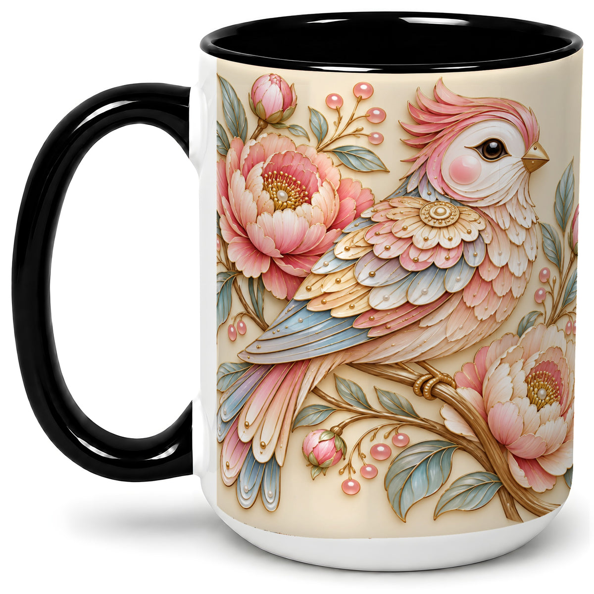 #pl[15oz|Black] Pastel Bird Ceramic Mug, Mug with Pink Peony Floral Branch Artwork