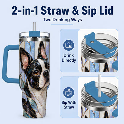 #pl[40oz|Blue] Floral Boston Terrier 40oz Tumbler, Stained Glass Style Dog Design