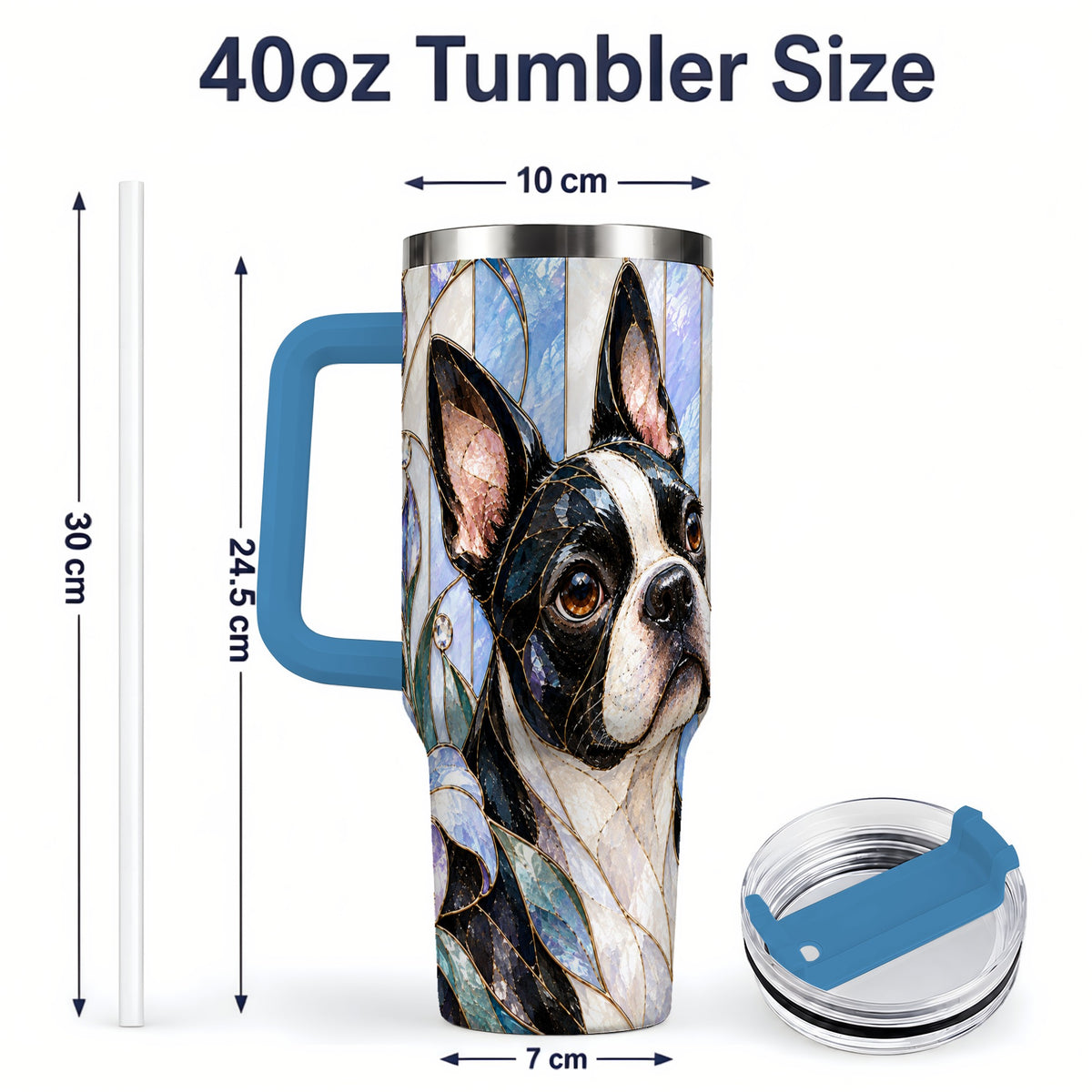 #pl[40oz|Blue] Floral Boston Terrier 40oz Tumbler, Stained Glass Style Dog Design