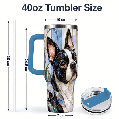 #pl[40oz|Blue] Floral Boston Terrier 40oz Tumbler, Stained Glass Style Dog Design
