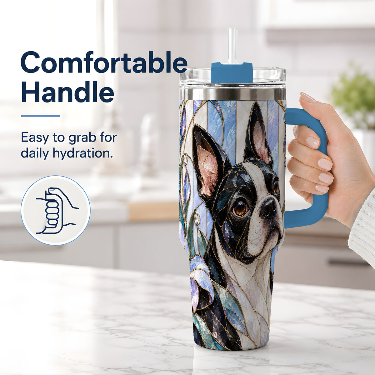 #pl[40oz|Blue] Floral Boston Terrier 40oz Tumbler, Stained Glass Style Dog Design
