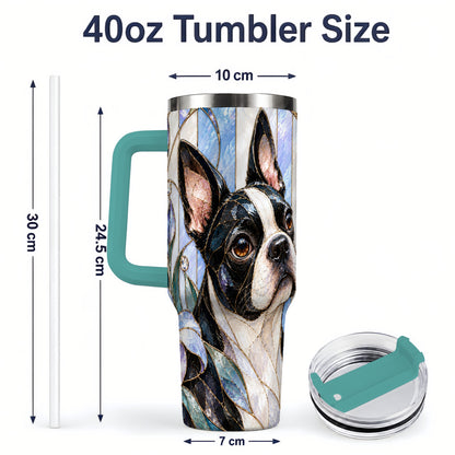 #pl[40oz|Green] Floral Boston Terrier 40oz Tumbler, Stained Glass Style Dog Design