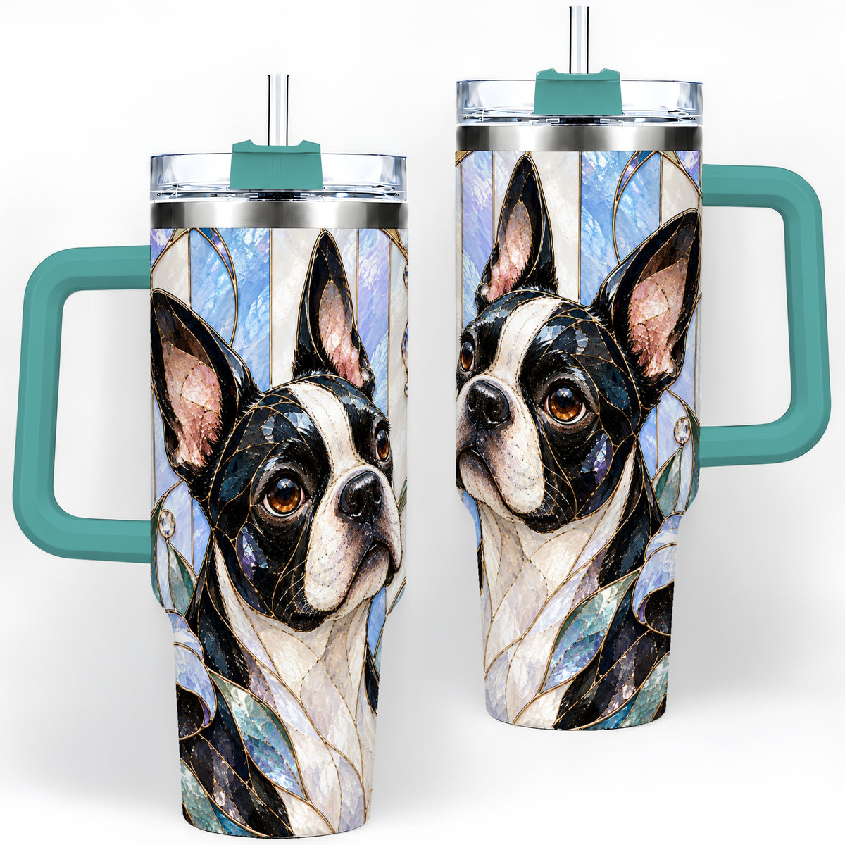 #pl[40oz|Green] Floral Boston Terrier 40oz Tumbler, Stained Glass Style Dog Design
