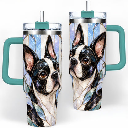 #pl[40oz|Green] Floral Boston Terrier 40oz Tumbler, Stained Glass Style Dog Design