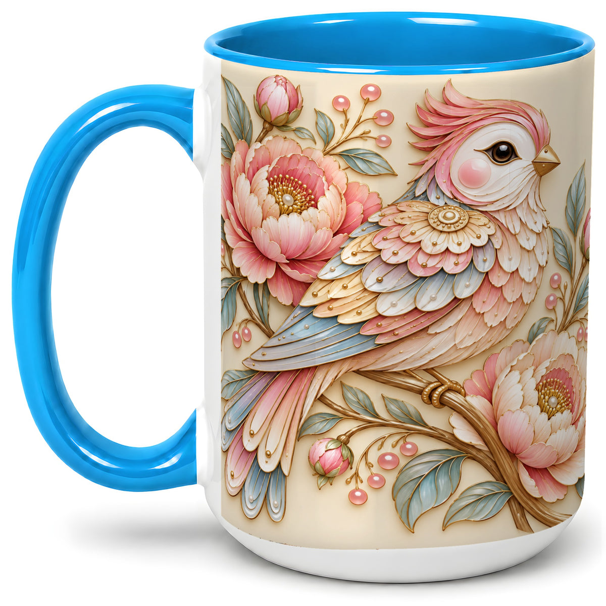 #pl[15oz|Blue] Pastel Bird Ceramic Mug, Mug with Pink Peony Floral Branch Artwork