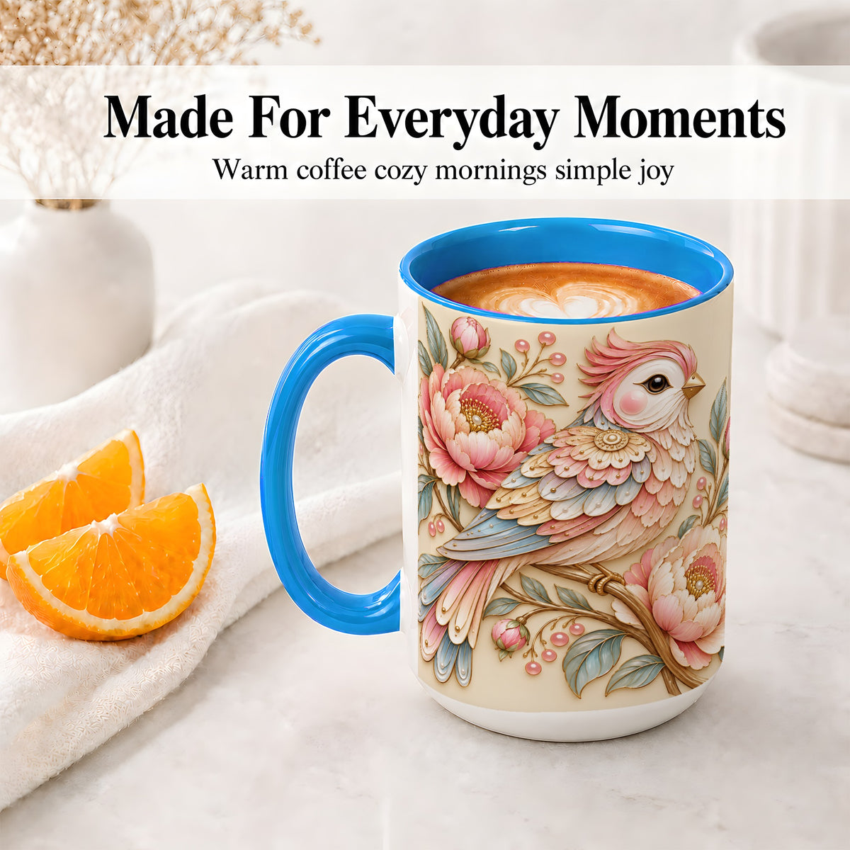 #pl[15oz|Blue] Pastel Bird Ceramic Mug, Mug with Pink Peony Floral Branch Artwork