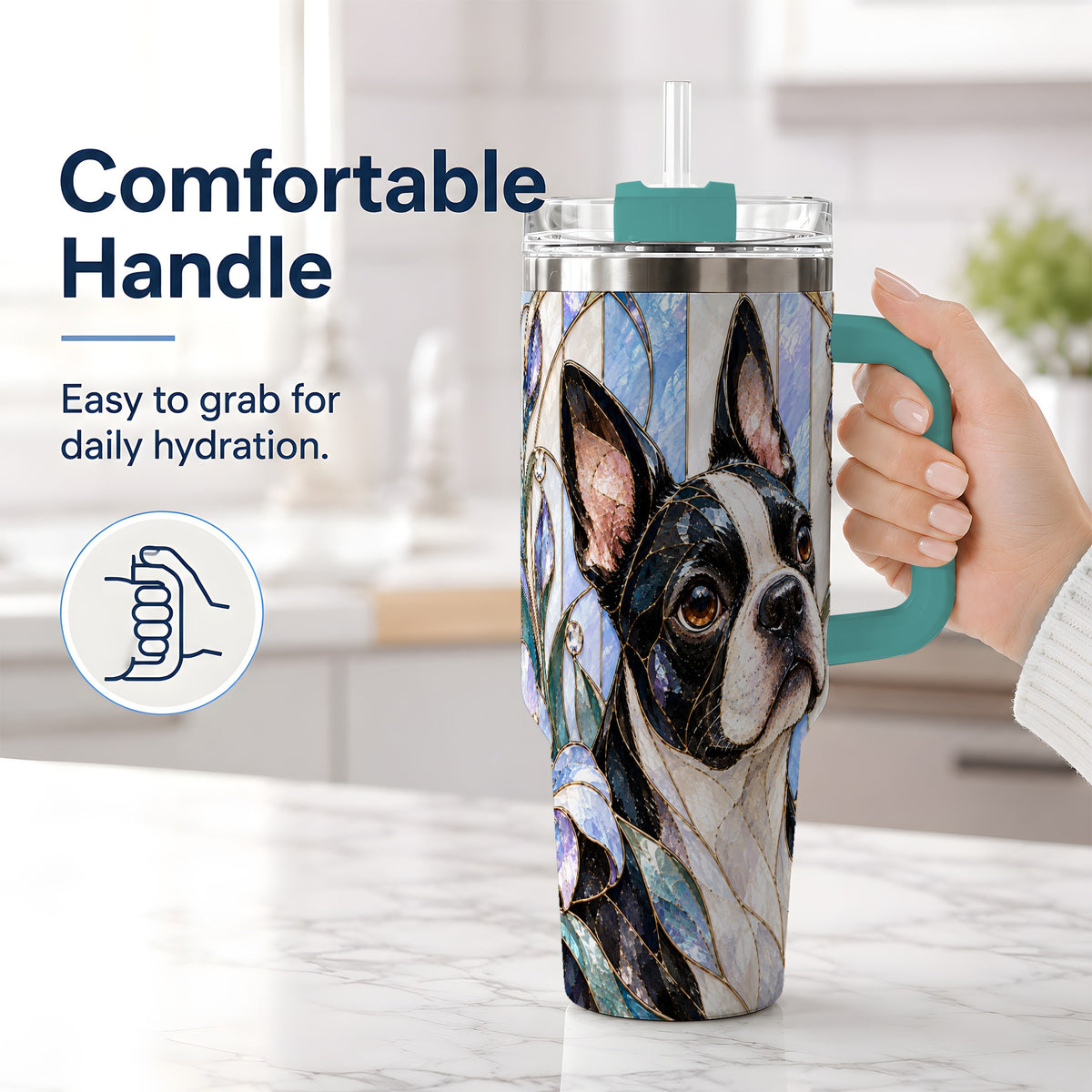 #pl[40oz|Green] Floral Boston Terrier 40oz Tumbler, Stained Glass Style Dog Design
