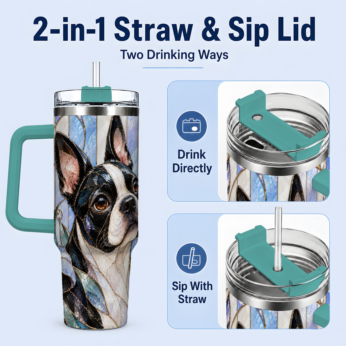 #pl[40oz|Green] Floral Boston Terrier 40oz Tumbler, Stained Glass Style Dog Design